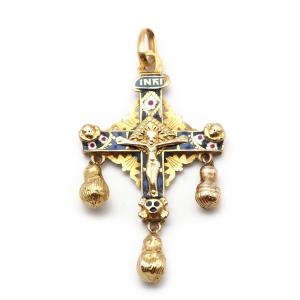 French Antique Regional Cross, Puy En Velay, Christ, Religious Jewelry, 18k Gold And Enamel