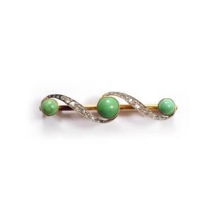 Broche turquoises diamants en or 18k et platine, diamants taille rose, cabochons
