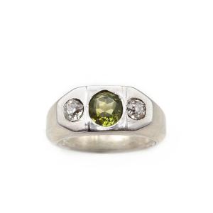 Mid-century Diamond Tourmaline Ring In White Gold 18k, Vintage Signet Ring