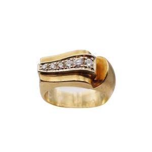French Tank Wave Ring With Diamonds In 18k Gold And Platinum, Large Tank Ring