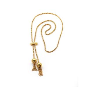 Long Twisted Necklace With Ball Tassels In 18k Solid Gold, Italian Vintage Jewel 