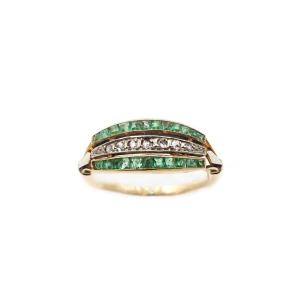 Art Deco Emerald Ring In 18k Gold, Emerald And Rose Cut Diamonds, Art Deco Ring 