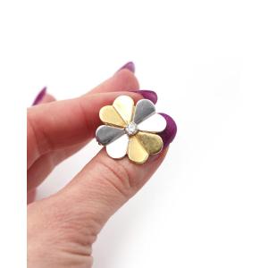 Broche porte-bonheur trèfle à 4 feuilles en or deux tons, diamant de 0.25 ct