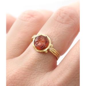 Bague intaille romaine sur cornaline en or 22k, lion, IIIe siecle après JC, Antiquités