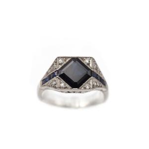 Art Deco Square Sapphire And Diamond Ring In Platinum, Geometric Ring, Natural Sapphire 1.72 Ct