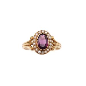 French Victorian Garnet And Pearls Ring In 18k Gold, Pearl And Garnet, Victorian Ring