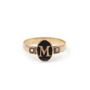Antique Letter M Ring In 18 Karat Gold, Victorian Letter Ring, Black Enamel, Antique Jewelry