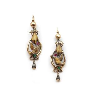 Victorian Hand And Dove Gold Earrings In 18k And 14k, Romantic Earrings, 19th Century 