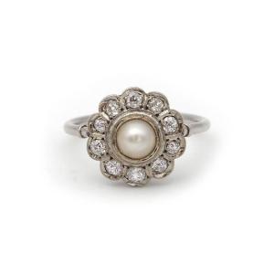 Bague fleur perle diamants Art deco en platine, bijou ancien, diamants 0.40 ct