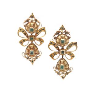 Boucles d'oreille ibériques émeraudes en or 18k, pendants d'oreille anciens, bijou ancien