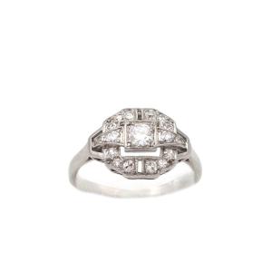 French Art Deco Diamond Platinum Ring, With A 0.42 Ct Diamond