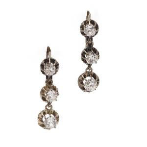 Antique 3 Diamonds Drop Dormeuses French Earrings In 18k Gold 