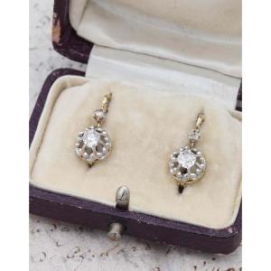 Dormeuses diamants 0.26 ct en or 18k et platine, boucles d'oreille anciennes