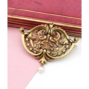 Broche transformable néogothique en or 18k, perle fine