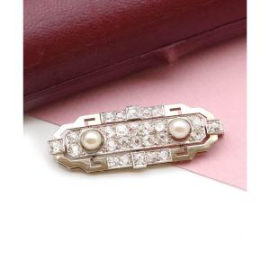 Art Deco Diamond And Pearl Brooch In 18k White Gold 