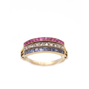 Art Deco Patriotic Ring In 18 Karat Gold, Sapphires, Rubies, Diamonds