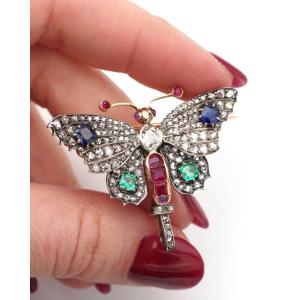 Antique Multigem Butterfly Brooch In 18 Karat Gold And Silver, Sapphire, Emerald, Diamond, Ruby