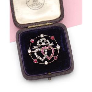 Victorian Double Heart Sweetheart Ruby Diamond Brooch In 14k Rose Gold
