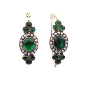 French Empire Poissardes Earrings Natural Pearls Green Glass 18k Gold 