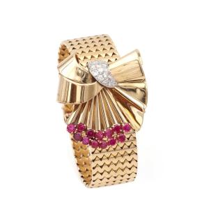 French Retro Convertible Bow Brooch Bracelet Ruby Diamonds In 18k Gold, 1940s Vintage Jewelry 