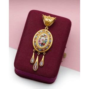 Pendentif micro-mosaïque fleurs en or 22 karats, Bulla, pendentif néo Etrusque