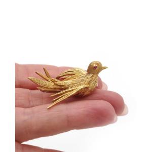Vintage Bird Brooch Pin In 18k Gold, Animal Brooch 