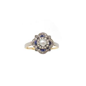 Bague Art Déco perle saphirs en or 18 karats et platine