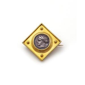 22k Gold Neo-etruscan Brooch With A Silver Corinthian Drachma, 19th Century