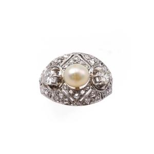 Bague cocktail perle diamants en platine
