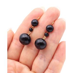 Antique Victorian 18k Gold Mourning Drop Earrings, French 1890s Black Glass Onyx Style