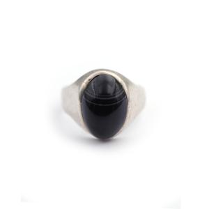 Black Banded Agate Ring In Silver, With A Cabochon And Onyx