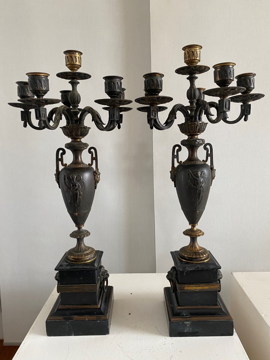 Paire de candélabres , chandeliers en  bronze et marbre XIX eme