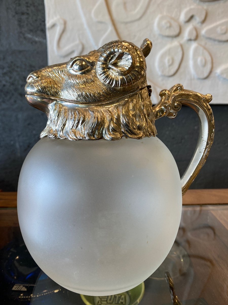 Decanter Glass And Metal Ram's Head XX Eme-photo-3
