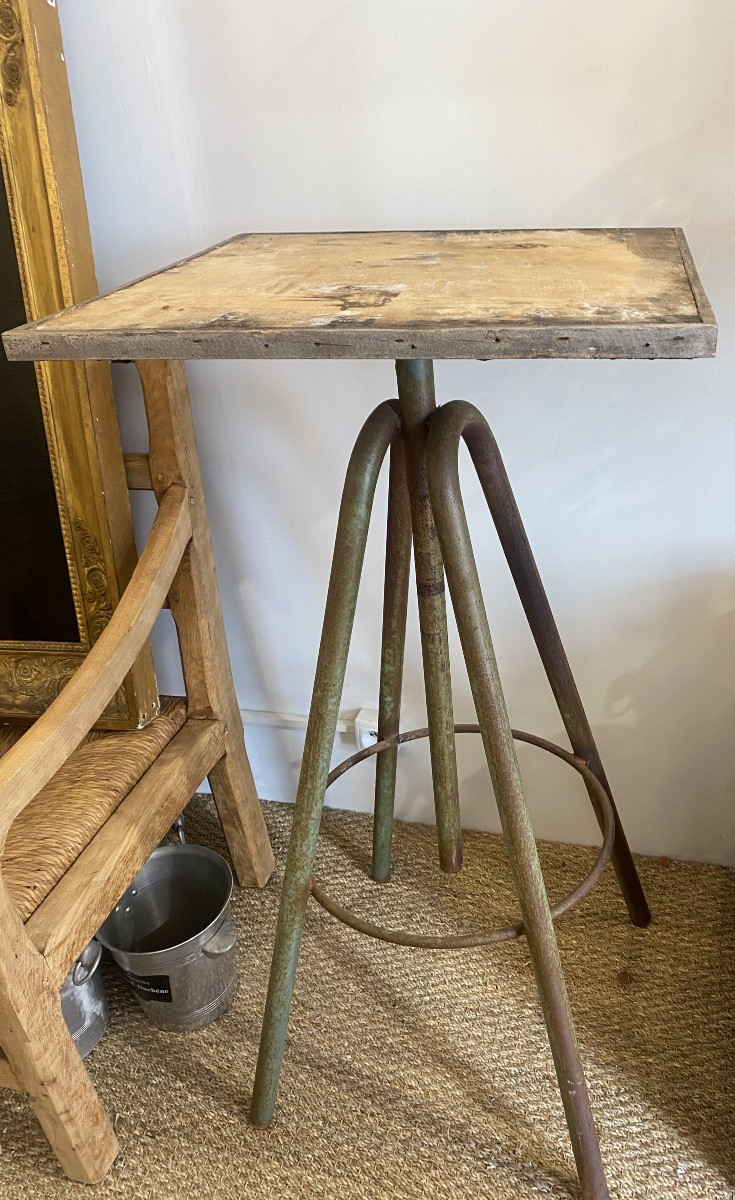 Sellette de sculpteur style industriel 1950 métal et bois