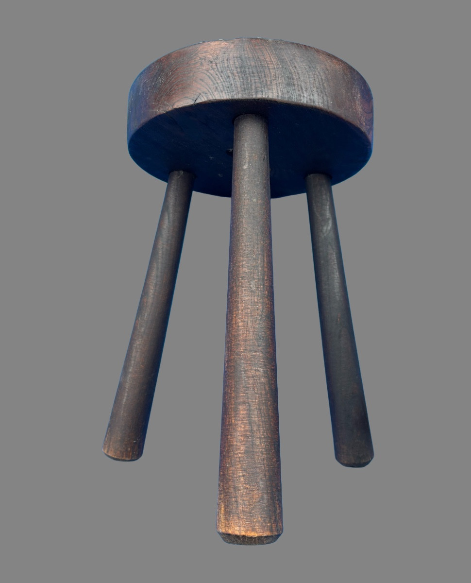 Série de quatre tabourets bois et cuir 1970 -photo-2