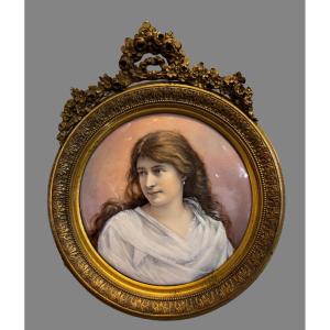 Miniature Portrait Of A Woman, 19th Century. Bronze Frame 
