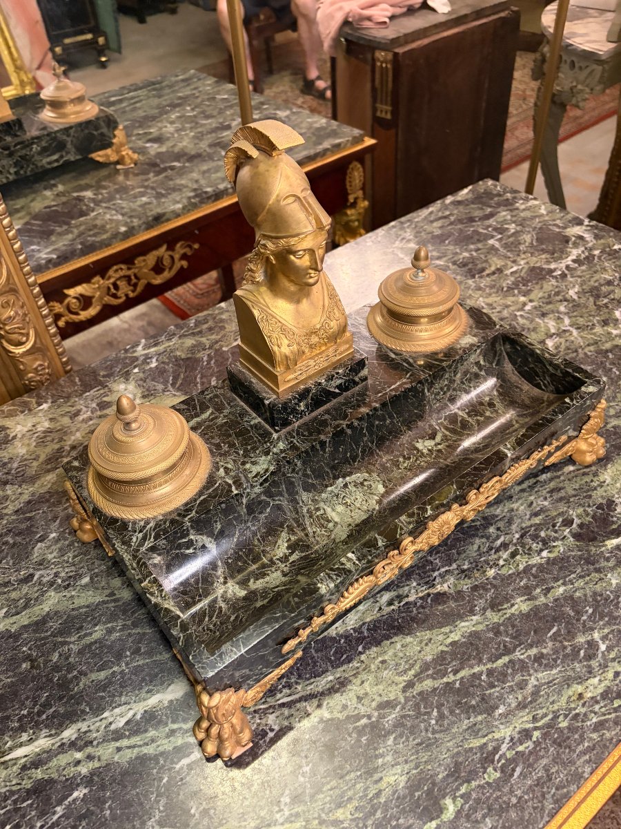 Empire-style Inkwell With A Bust Of Minerva, 19th Century