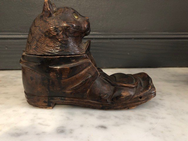 Inkwell Wood Folk Art XIX Eme Shoe And Cat Head-photo-2