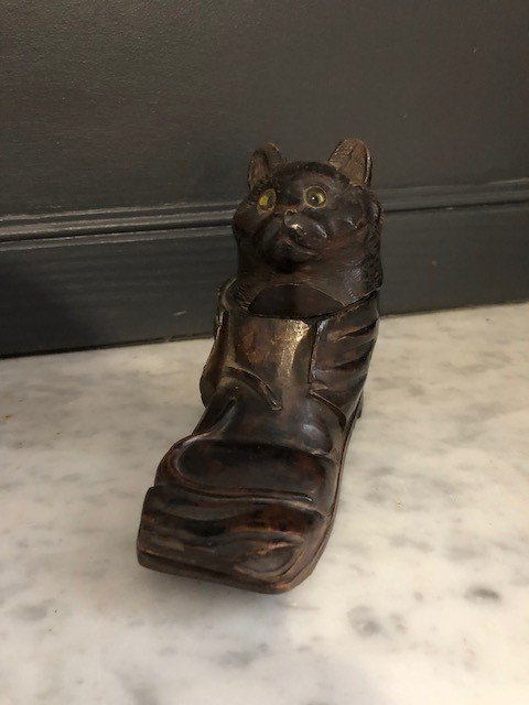 Inkwell Wood Folk Art XIX Eme Shoe And Cat Head-photo-1