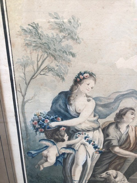 Aquarelle 18 ème  cadre bois doré d'époque-photo-1