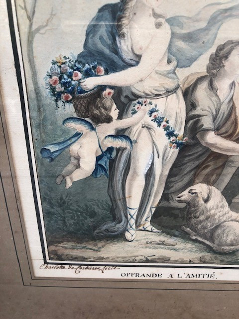 Aquarelle 18 ème  cadre bois doré d'époque-photo-3