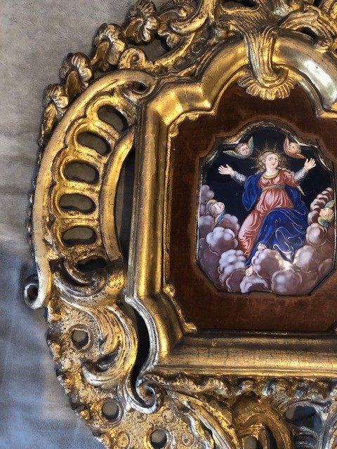 Religious Enamel In A Large Giltwood Frame, 18th Century-photo-3
