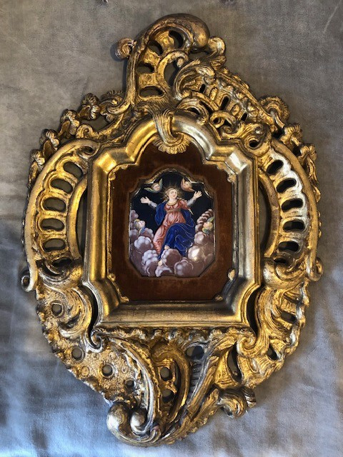 Religious Enamel In A Large Giltwood Frame, 18th Century