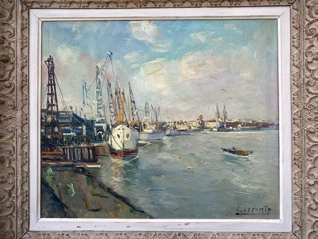 Léopold LECOMTE  HST Vue du port de Bordeaux-photo-4
