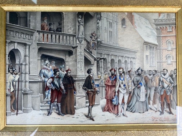 Aquarelle scène historique  datée 1888