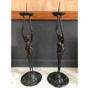 Pair Of Bronze Candlesticks, Asia Late Nineteenth