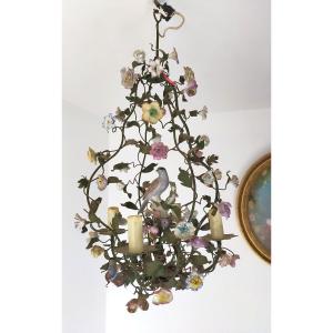 Cage Chandelier Foliage And Porcelain Flowers