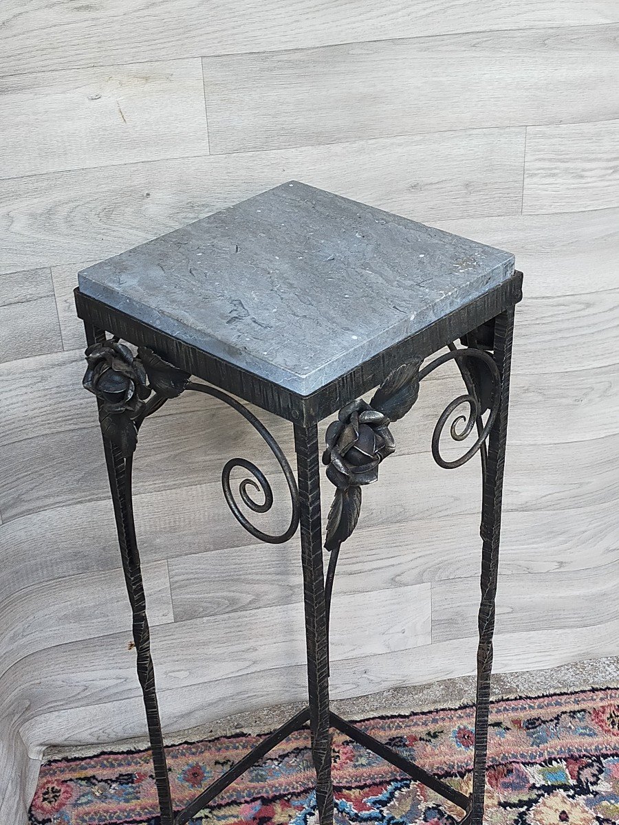 Small Art Deco Wrought Iron And Marble Pedestal Table (harness, Console)-photo-3