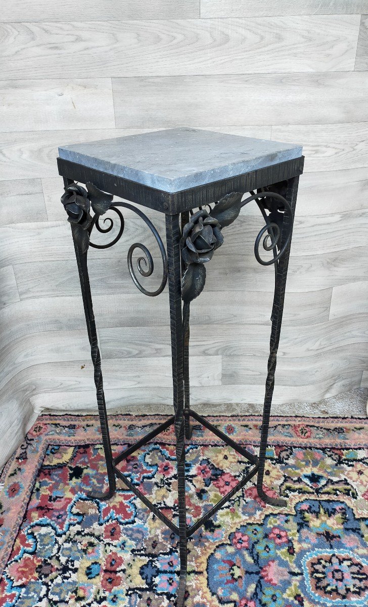 Small Art Deco Wrought Iron And Marble Pedestal Table (harness, Console)-photo-4