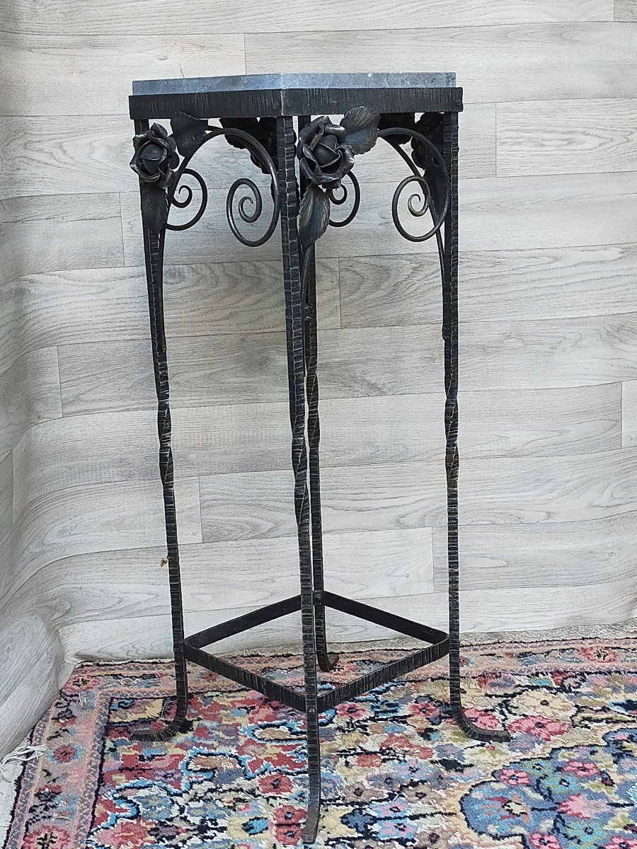 Small Art Deco Wrought Iron And Marble Pedestal Table (harness, Console)-photo-1